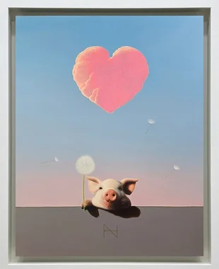 Olivia over the Wall (Pink Heart Cloud, Grey Wall)