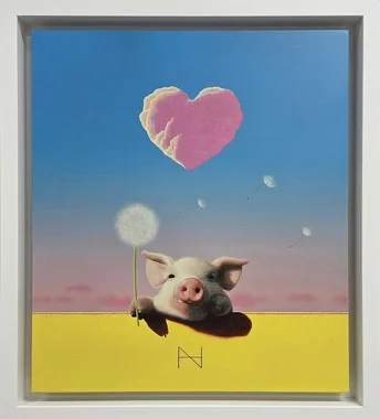 Olivia over the Wall (Pink Heart Cloud, Yellow Wall)